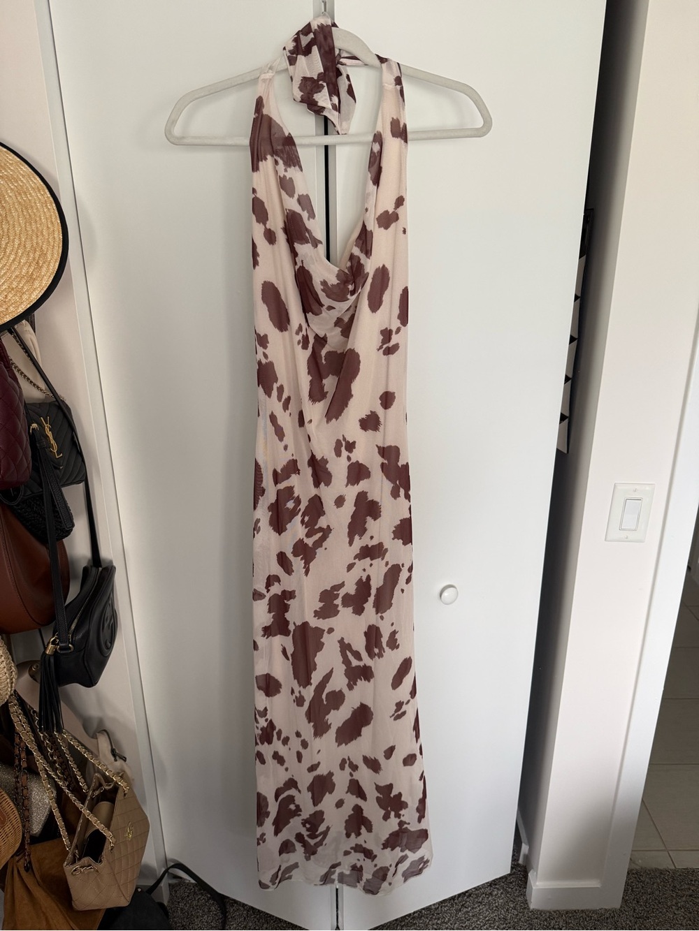 See You Monday Halter Cowl Maxi Dress in Cream and Brown